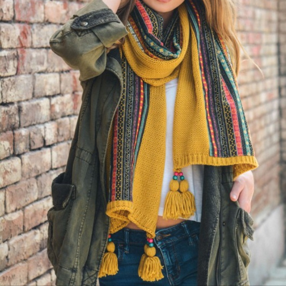 1 LEFT🌿Boho Mustard Tassel Braided Chunky Scarf - Picture 4 of 6